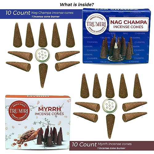 TRUMIRI Incense Cones - Combo Pack of 20 Cone Incense - 10 Myrrh + 10 Nag Champa - Insence Cones - Incense Cones Scented - Cone Incense Scents - Insense Cones - Incent Cone - color: Nag Champa Myrrh