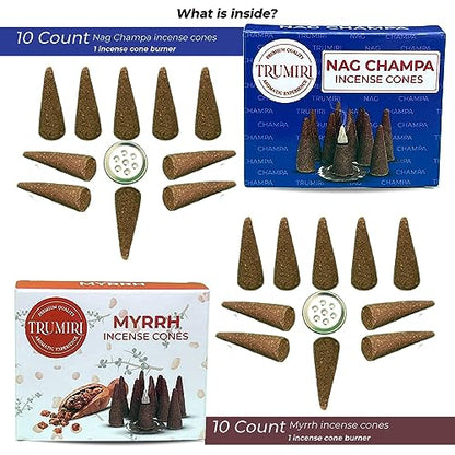 TRUMIRI Incense Cones - Combo Pack of 20 Cone Incense - 10 Myrrh + 10 Nag Champa - Insence Cones - Incense Cones Scented - Cone Incense Scents - Insense Cones - Incent Cone - color: Nag Champa Myrrh
