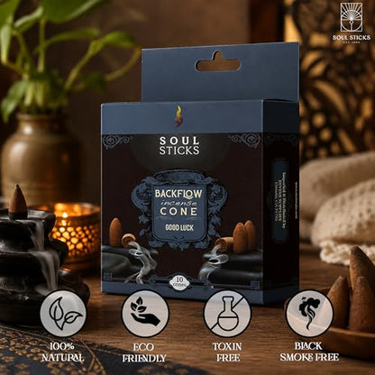 Soul Sticks Backflow Incense Cones – 40 Handmade Organic Cones for Waterfall Burner | 4 Pack Long Lasting Aromatic Scents | Thick White Smoke Incense for Meditation, Yoga & Gifts (Good Luck) - color: Good Luck