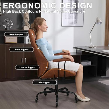 E-Motie Leather Office Chair, Mid Century Modern Desk Chair, Brown - color: Brown