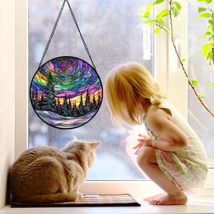 Van Gogh Night Scene Stained Glass Window Hanging Suncatcher Gifts 12" - color: Blue, size: 11.8x11.8 IN