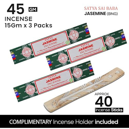 Satya Nagchampa Jasmine Incense Sticks, Satya Bng (Bangalore) Insenses 15gmx3 Pack (45 GMS) with Raajsee Incense Holder Bundle, Satya Nagchampa Natural Incense - color: Jasmine