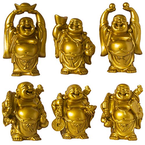 Set of 6 Laughing Happy Buddha Statue Resin Figurines Feng Shui for Luck Wealth Good Gift and Collection (4.5'', Gold) - color: Gold, style: 4.5''