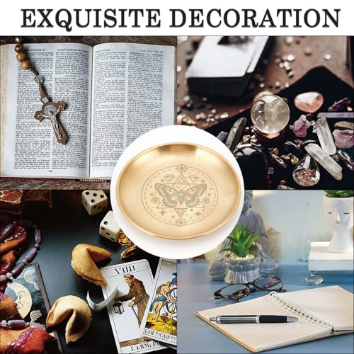 CREATCABIN Butterfly Altar Ritual Plate Dish Stainless Steel Bowl Round Golden Tarot Offering Bowl Dish Candle Holder Witchy Crystals Jewelry Tray for Incense Burner Dowsing Divination 5.55Inch - style: Golden Butterfly