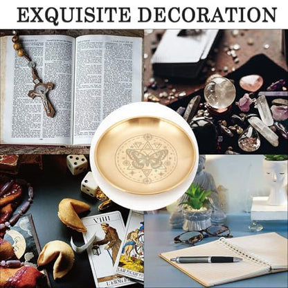 CREATCABIN Butterfly Altar Ritual Plate Dish Stainless Steel Bowl Round Golden Tarot Offering Bowl Dish Candle Holder Witchy Crystals Jewelry Tray for Incense Burner Dowsing Divination 5.55Inch - style: Golden Butterfly