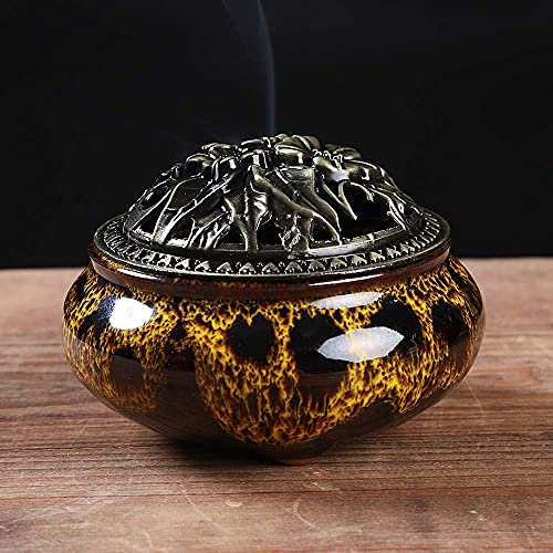 Incense Burner with Calabash Incense Stick Holder - Porcelain Charcoal Censer for Use with Resin Granular Powder Cone or Coil Incense (Fambe Yellow) - color: Fambe Yellow