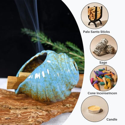 MOUGIGI Blue Conch Chiminea Palo Santo Burner - Ceramic Smudging Bowl - color: Blue
