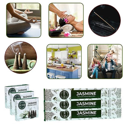 Jasmine Incense Sticks & Incense Cones Combo Pack - 60 Insence-Sticks + 30 Insence Cones - Inscense - Incense Cones Scented - Insents - color: Jasmine
