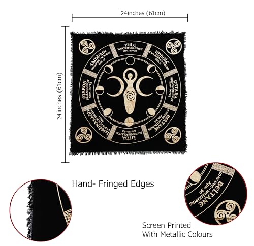 Indian Consigners Triple Moon Goddess Altar Cloth - Celestical Tarot Deck Face Cloth - New to Full Moon Cycle - color: Black-gold, size: 24" x 24" (Square)