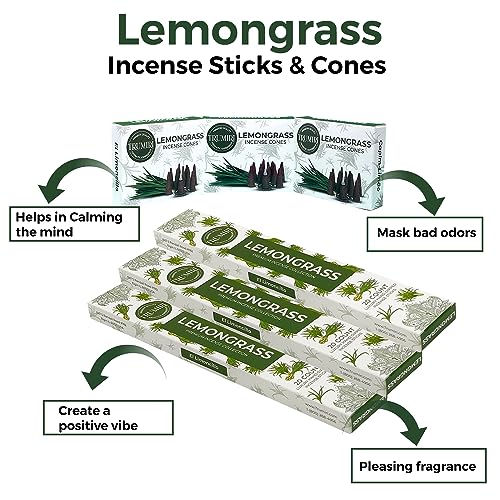 Lemongrass Incense Sticks & Incense Cones Combo Pack - 60 Insence-Sticks + 30 Insence Cones - Inscense - Incense Cones Scented - Insents - color: Lemongrass