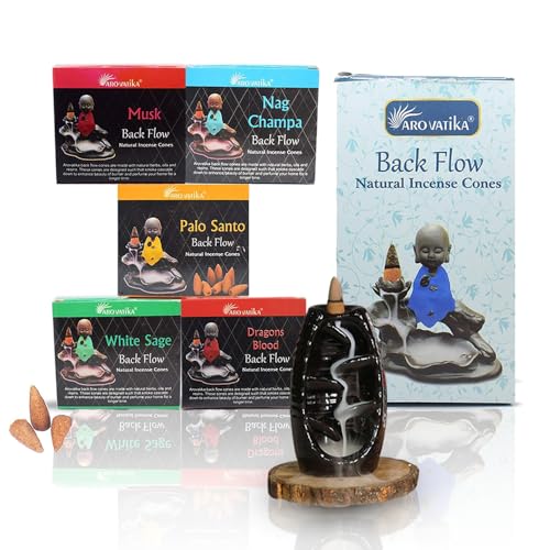 ARO VATIKA Backflow Natural Masala 50 Pack 'A' Incense Cones | 5 Different Assorted Fragrances of Nag Champa, White Sage, Dragons Blood, Palo Santo, Musk | Burn time- Approx 16-18 mins - color: Combo 'A'