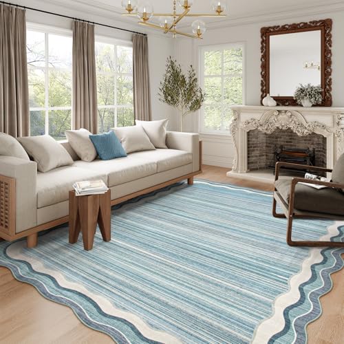 Lahome Estelle Scalloped Modern Washable Rugs 5x7, Blue Rugs for Bedroom Soft Living Room Rug, Abstract Minimalist Non Slip Low Pile Throw Carpet for Dining Room Home Office (Blue,5x7) - color: Blue / Scalloped, size: 5' x 7' (Rectangular)