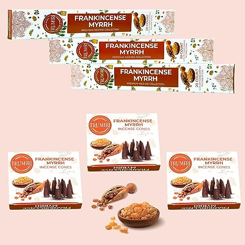 Frankincense Myrrh Scented Incense Sticks & Incense Cones Combo Pack - 60 Insence-Sticks + 30 Insence Cones - Inscense - Incense Cones Scented - Insents - color: Frankincense Myrrh