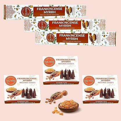 Frankincense Myrrh Scented Incense Sticks & Incense Cones Combo Pack - 60 Insence-Sticks + 30 Insence Cones - Inscense - Incense Cones Scented - Insents - color: Frankincense Myrrh