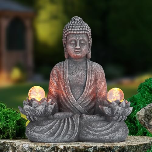 8.2" Solar Resin Buddha Statue Garden Outdoor Yard Lawn Ornament Gray