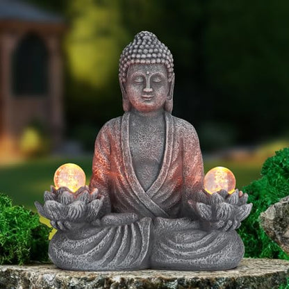 8.2" Solar Resin Buddha Statue Garden Outdoor Yard Lawn Ornament Gray