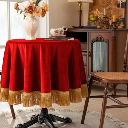 F-CHU 48 Inch Round Tablecloth, Vibrant Red Velvet Table Cloth with Eye‑Catching Gold Tassel Fringe, Luxury Heavy‑Thick Decor for Christmas, Home Dining, Banquet & Halloween Holiday Party - color: Red, size: 48" (Round)