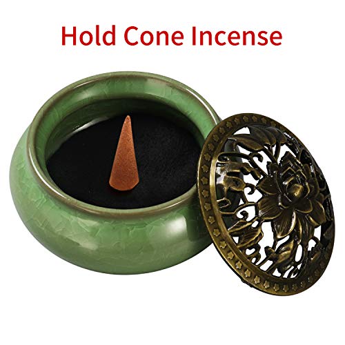 Miupoo Stick Incense Burner and Cone Incense Holder with Brass Incense Stick Holder Ceramic Ash Catcher (Light Green) - color: Light Green