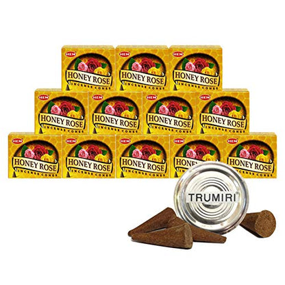 TRUMIRI Incense Cone Holder Bundle with Hem Honey Rose Incense Cones - Pack of 12 (Approx 120 Cones) - color: Honey Rose