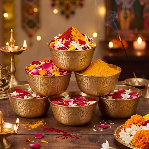 6 Pcs Copper Offering Bowls Pooja Return Gifts 3 '' Indian Brass Puja Bowls Religious Festival Supplies for Diwali Mandir Altar, Yoga Meditation, Incense Burner, Ritual Use Housewarming Gift