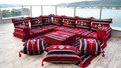 arabicsofa Traditional L Shaped Floor Cushions – Modular Majlis Seating with Washable Covers - color: Burgundy, size: 4'' Thickness Sofa, style: L Sofa Full Set