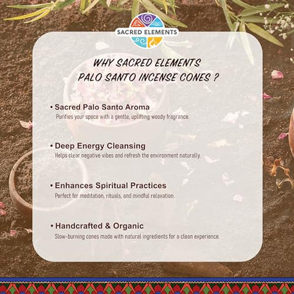 Sacred Elements Organic Incense Cones – Palo Santo Scent (Pack of 4) | Natural Aromatherapy for Energy Cleansing & Relaxation | Handcrafted, Low Smoke, Long-Lasting Fragrance for Home Use