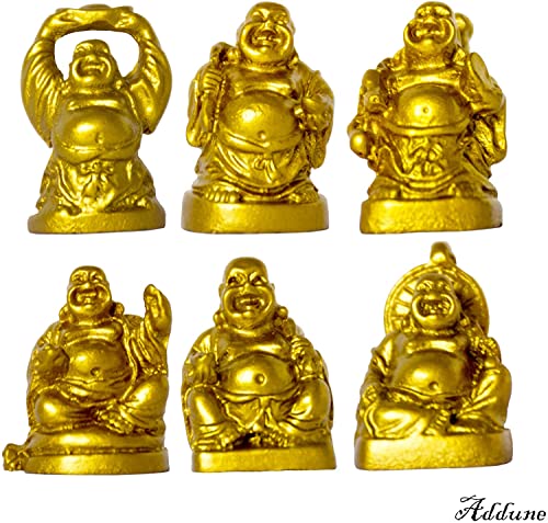 Set of 6 Mini Laughing Happy Buddha Statue Resin Figurines Feng Shui for Luck Wealth Good Gift and Collection (1'', Gold) - color: Gold, style: 1''