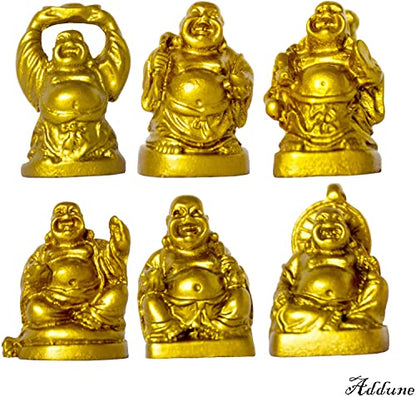Set of 6 Mini Laughing Happy Buddha Statue Resin Figurines Feng Shui for Luck Wealth Good Gift and Collection (1'', Gold) - color: Gold, style: 1''