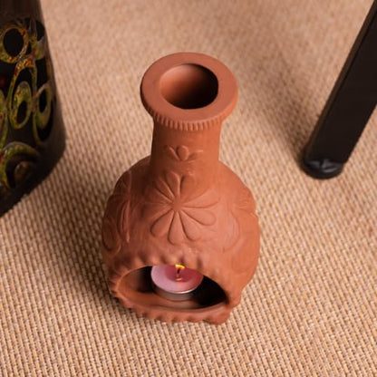 Handmade Palo Santo & Sage Burning Dish, Mini Floral Chiminea Smudge Bowl - color: Terracotta -Flower Palo Santo Holder