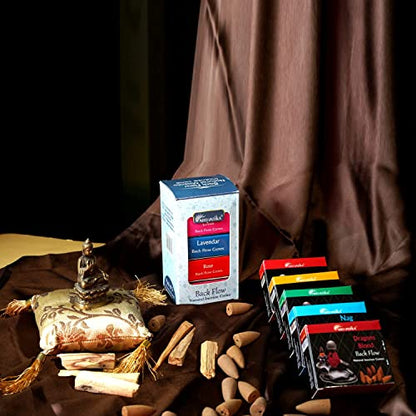 ARO VATIKA Backflow Natural Masala 50 Pack 'A' Incense Cones | 5 Different Assorted Fragrances of Nag Champa, White Sage, Dragons Blood, Palo Santo, Musk | Burn time- Approx 16-18 mins - color: Combo 'A'