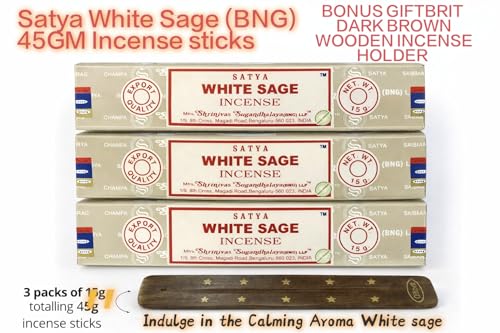 Satya White Sage Incense Sticks with Holder – 3 x 15g Natural Masala Agarbatti for Spiritual Cleansing, Relaxation & Positive Energy
