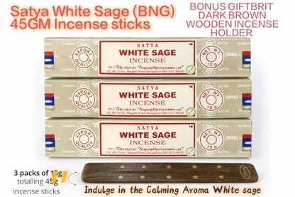 Satya White Sage Incense Sticks with Holder – 3 x 15g Natural Masala Agarbatti for Spiritual Cleansing, Relaxation & Positive Energy