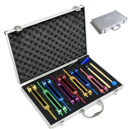 Chakra Tuning Forks Set for Healing, 7 Chakra+1 Soul Purpose Weighted Tuning Forks with Exquisite Aluminum Gift Box, Multicolour,(126.22 Hz, 136.1 Hz, 141.27 Hz, 172.06 Hz etc) - color: Chakra Multicolour