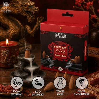 Soul Sticks Backflow Incense Cones – 40 PCS Organic Handmade Cones for Waterfall Burner | 4 Pack Long Lasting Aromatic Scents | Thick White Smoke Incense for Meditation, Spiritual Gift (Dragons Blood) - color: Dragons Blood
