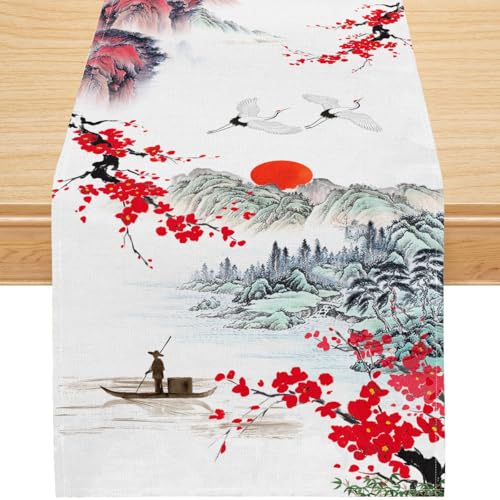 Chinese Ink Painting Linen Table Runner, Red Plum Blossom and Crane with Mountain River Oriental Art Design, Asian Dining Table Decor for Kitchen or Living Room, 13x36 Inch - color: White Red Ink Painting, size: 13x36inch