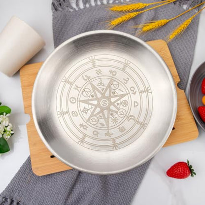 CREATCABIN Constellation Ritual Plate Altar Stainless Steel Flat Bowl Round Silvery Tray Offering Bowl Dish Holder Jewelry Dish for Smudging Incense Burner Meditation Tarot 5.55Inch - style: Constellation-01