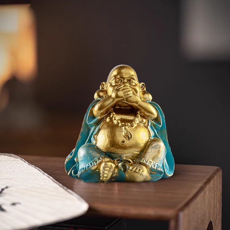 Houlu Small Laughing Buddha Statues Set of 3 – See No Evil, Hear No Evil, Speak No Evil Buddha Figurines for Good Luck, Feng Shui, and Home Decor