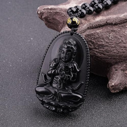 ASGIFT Black Obsidian Necklace Lucky Amulet Protection Pendant with Extended Bead Chain Healing Crystal Stone Talisman Necklaces Jewelry - color: Buddha Tathagata