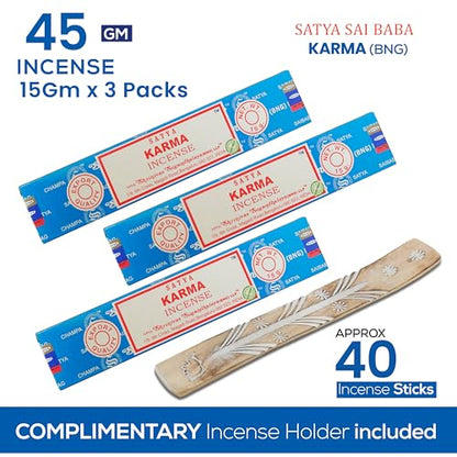 Satya Karma Incense Sticks, Satya Bng (Bangalore) Insenses 15gmx3 Pack with Raajsee Incense Holder Bundle, Satya Nagchampa Natural Incense - color: Karma