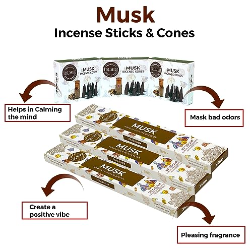 Musk Incense Sticks & Incense Cones Combo Pack - 60 Insence-Sticks + 30 Insence Cones - Inscense - Incense Cones Scented - Insents - color: Musk