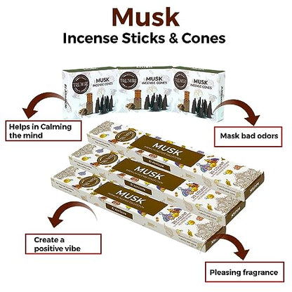 Musk Incense Sticks & Incense Cones Combo Pack - 60 Insence-Sticks + 30 Insence Cones - Inscense - Incense Cones Scented - Insents - color: Musk
