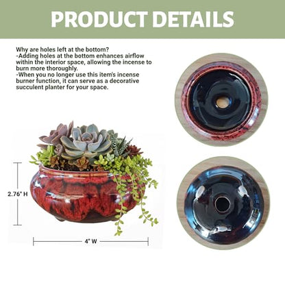 Incense Burner with Calabash Incense Stick Holder - Porcelain Charcoal Censer for Use with Resin Granular Powder Cone or Coil Incense (Fambe Red) - color: Fambe Red