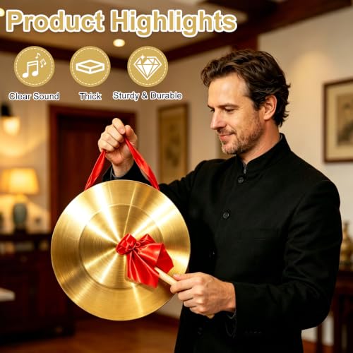 12.6 Inch Gong Instrument with Wooden Beater & Red Hanging Ribbon