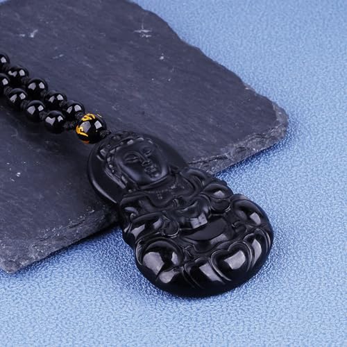 ASGIFT Black Obsidian Necklace Lucky Amulet Protection Pendant with Extended Bead Chain Healing Crystal Stone Talisman Necklaces Jewelry - color: GuanYin