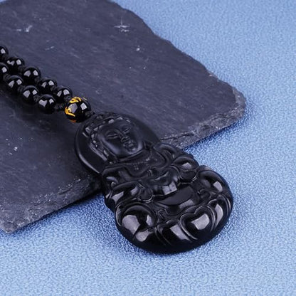 ASGIFT Black Obsidian Necklace Lucky Amulet Protection Pendant with Extended Bead Chain Healing Crystal Stone Talisman Necklaces Jewelry - color: GuanYin