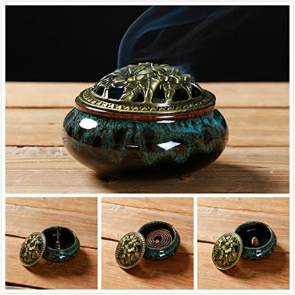 Censer Sky Blue Incense Burner with Calabash Incense Stick Holder - Porcelain Charcoal Censer for Use with Resin Granular Powder Cone or Coil Incense (Blue Fambe) - color: Blue Fambe