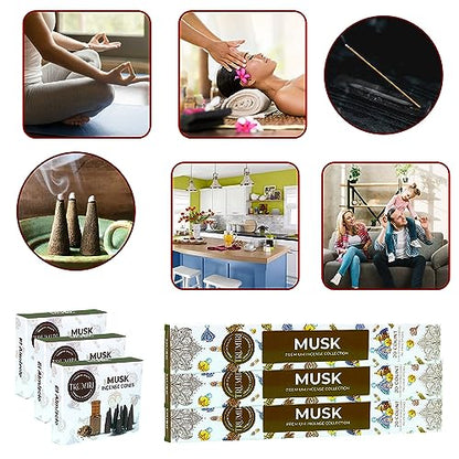 Musk Incense Sticks & Incense Cones Combo Pack - 60 Insence-Sticks + 30 Insence Cones - Inscense - Incense Cones Scented - Insents - color: Musk