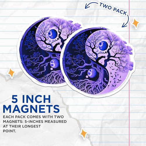 (2 Pack) Yin Yang Tree of Life Magnets - Moon and Stars Art - Balance and Harmony - 5" On Longest Side - for Cars, Refrigerators, Toolboxes, Lockers - Made in USA MAG3567