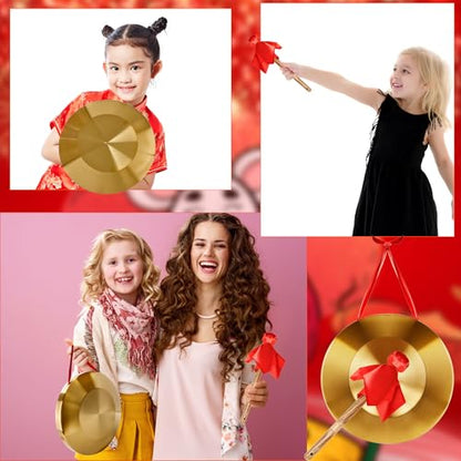 12.6 Inch Gong Percussion Instrument with Wooden Mallet and Red Hanging Ribbon Chinese Brass Gong for Home Office Celebration
