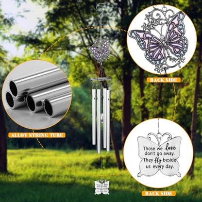 Outdoors Butterfly Wind Chimes Sympathy Memorial for Loss of Loved One - Soothing Melodic Tones Aluminum Chime Great as a Gift for Your Patio Porch Garden and Backyard (22.2" Silvery) - size: 22.2" Silvery Butterfly Ornament